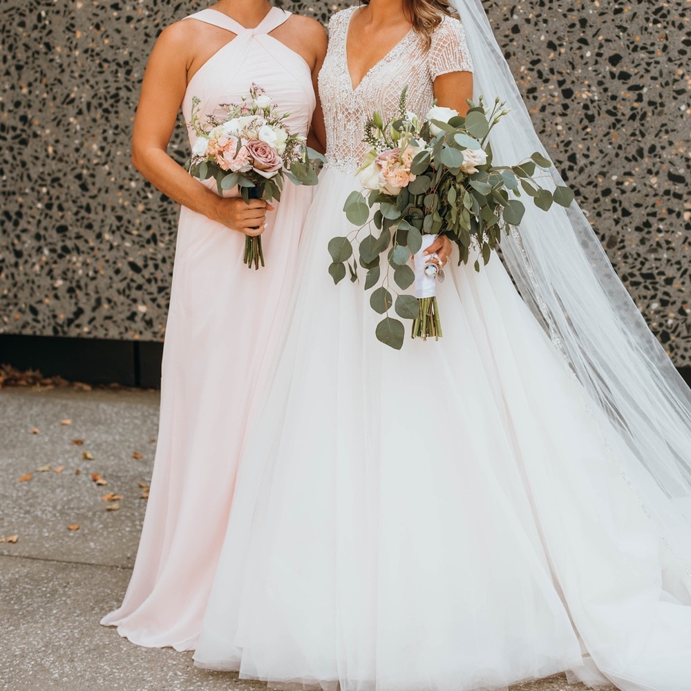 Azazie blushing pink bridesmaid dress